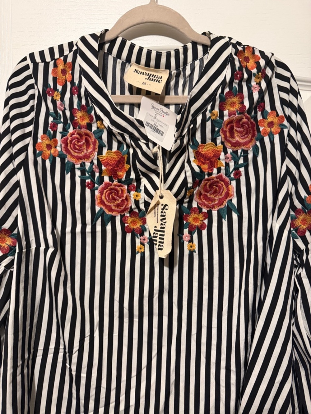 Savanna Jane Black & White Striped Tunic with Floral Embroidery